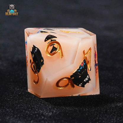 Flower Black Cat 10 Sided Dice Flesh Pink Resin D&D D10 Dice