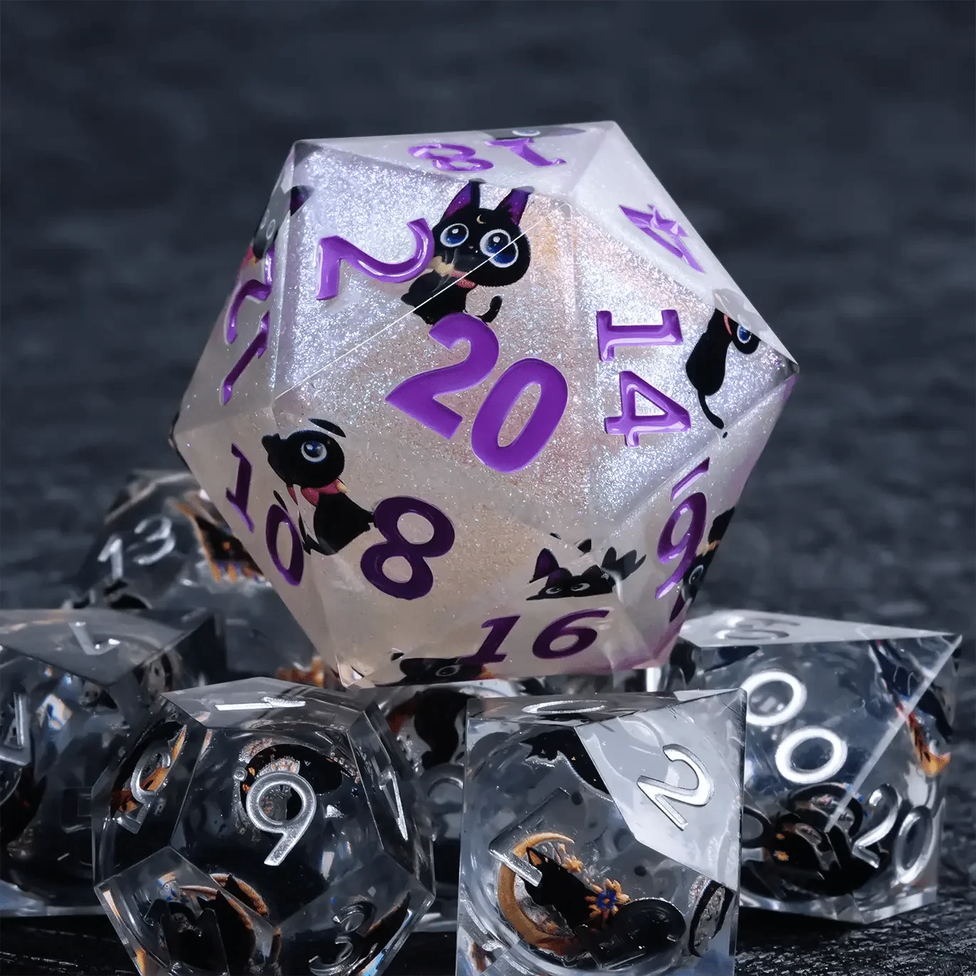 Giant D20 Dice (Purple Numbers) Black Cat Resin 35mm RPG Dice