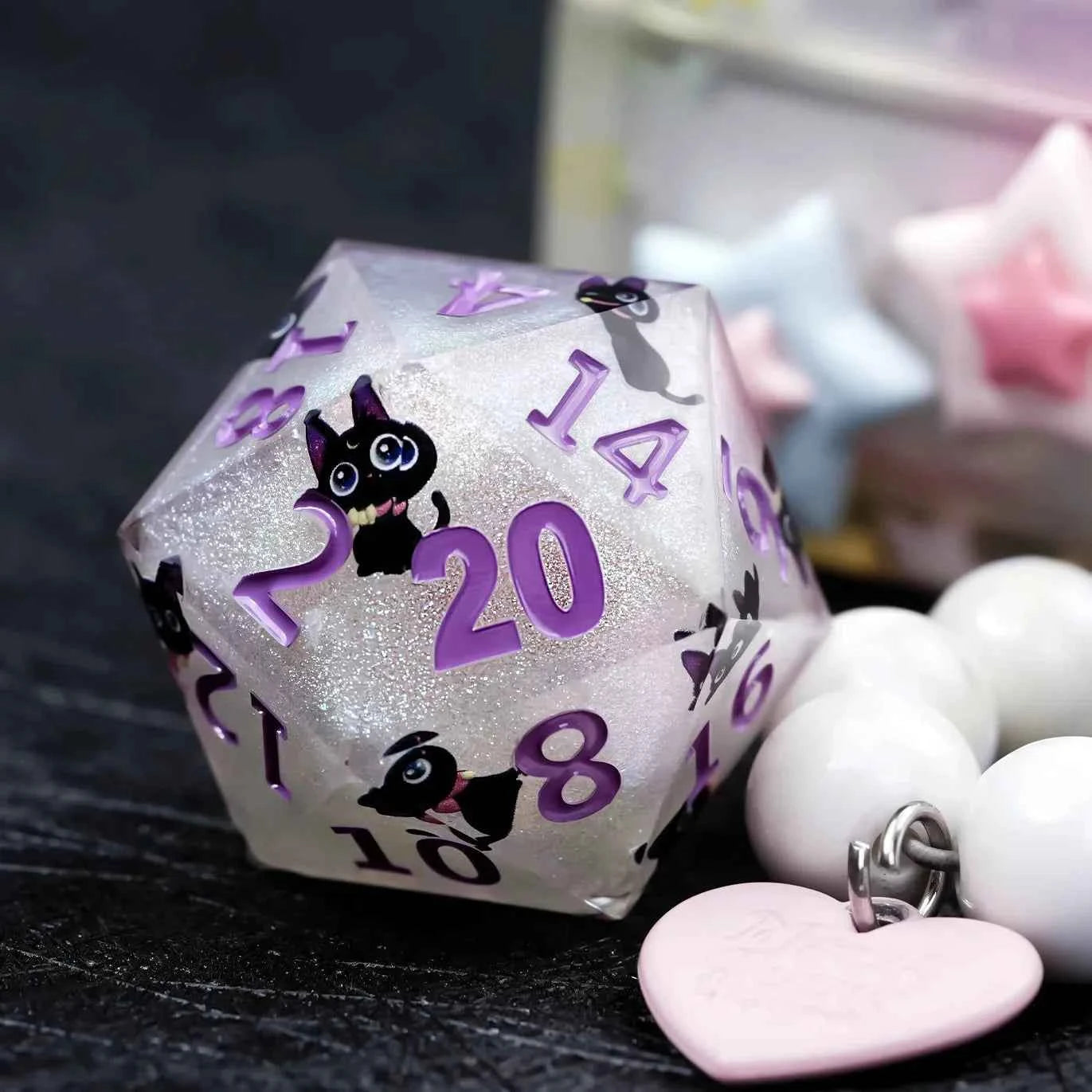 Giant D20 Dice (Purple Numbers) Black Cat Resin 35mm RPG Dice