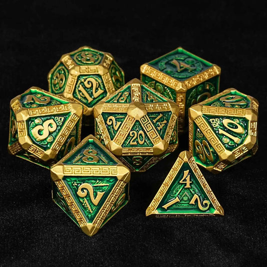 Gold and Green Greek Retractable Metal DND Dice Set — 7-Piece Zinc Alloy TTRPG Dice
