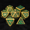 Gold and Green Greek Retractable Metal DND Dice Set