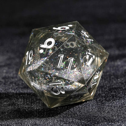Gray Transparent Color Liquid Core Resin DND Dice Set + Silver Numbers