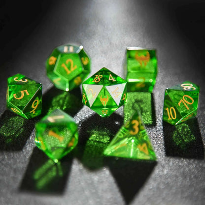 Green Dragon Shadow Natural Gemstone DND Dice Set — Emerald Dragon 7-Piece TTRPG Dice