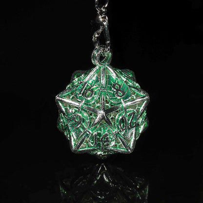 Green Leaf Hollow Metal D20 Dice Cage Necklace + 7 Metal Mini Dice Set