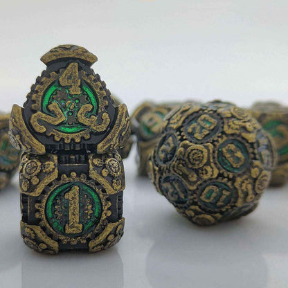 Green Mechanical Gear Metal DND Dice Set - Punk Style