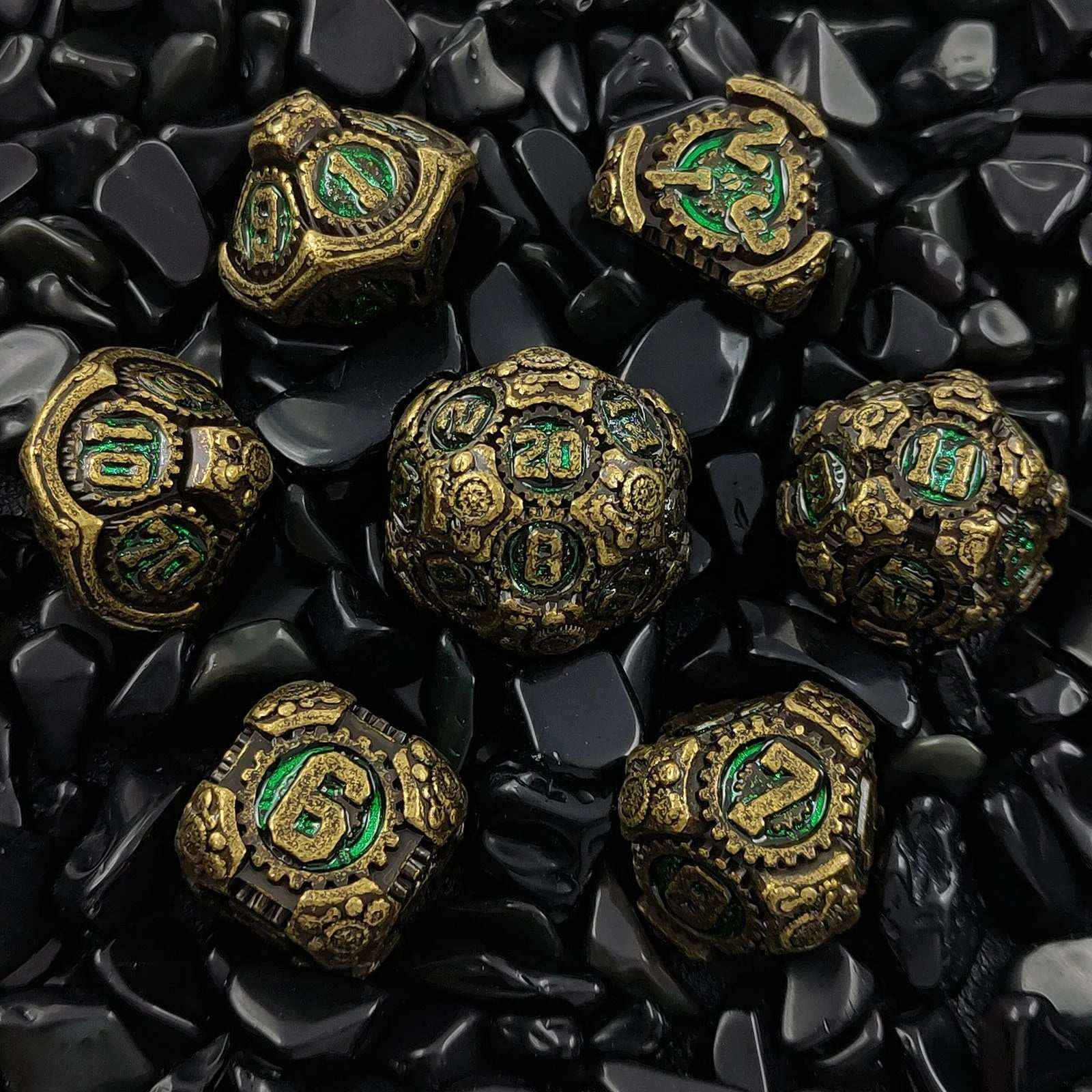 Green Mechanical Gear Metal DND Dice Set - Punk Style