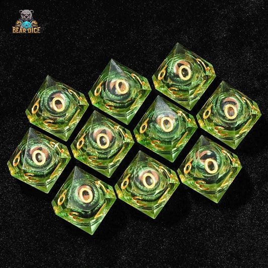 Green Crocodile Eye Liquid Core Resin D10 Dice — Ten-Sided TTRPG Die