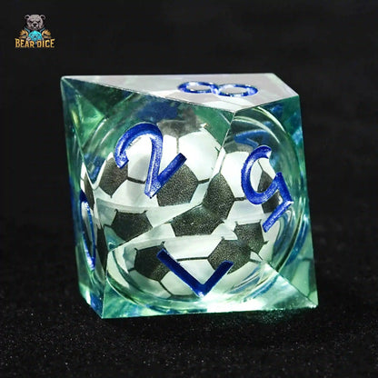 Green transparent resin D10 dice: liquid core soccer ball 10 sided dice