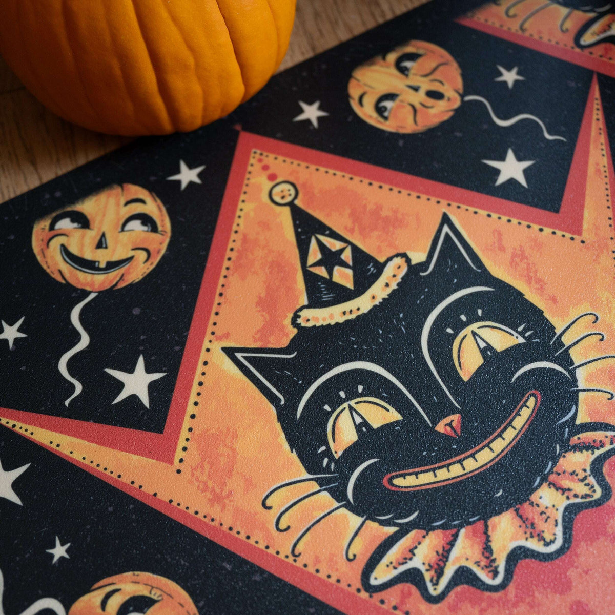 Grinning Black Cat Jack Harlequin Vinyl Floor Decor by Johanna Parker 52" x 76"