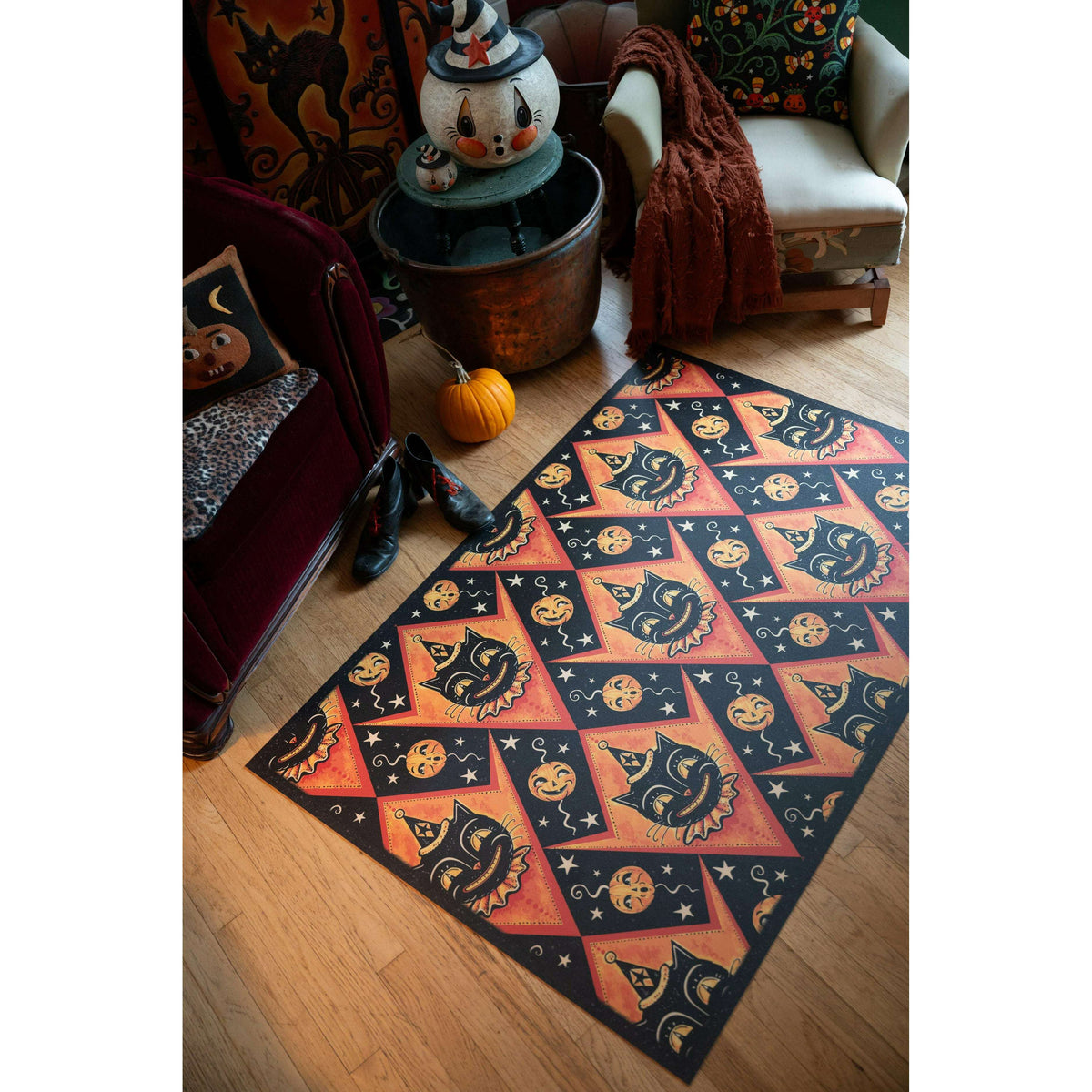 Grinning Black Cat Jack Harlequin Vinyl Floor Decor by Johanna Parker 52" x 76"
