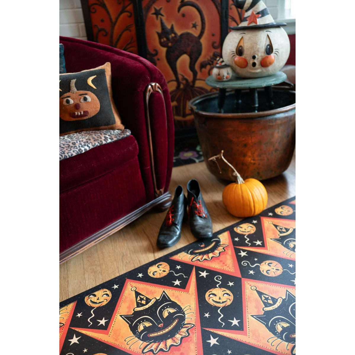 Grinning Black Cat Jack Harlequin Vinyl Floor Decor by Johanna Parker 52" x 76"