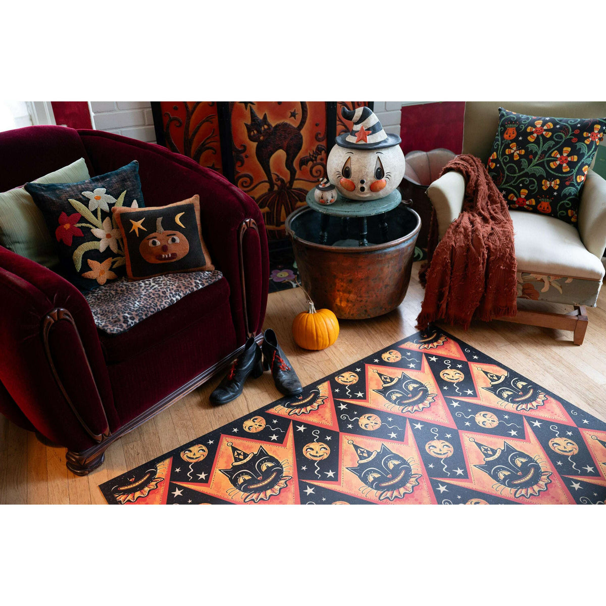 Grinning Black Cat Jack Harlequin Vinyl Floor Decor by Johanna Parker 52" x 76"