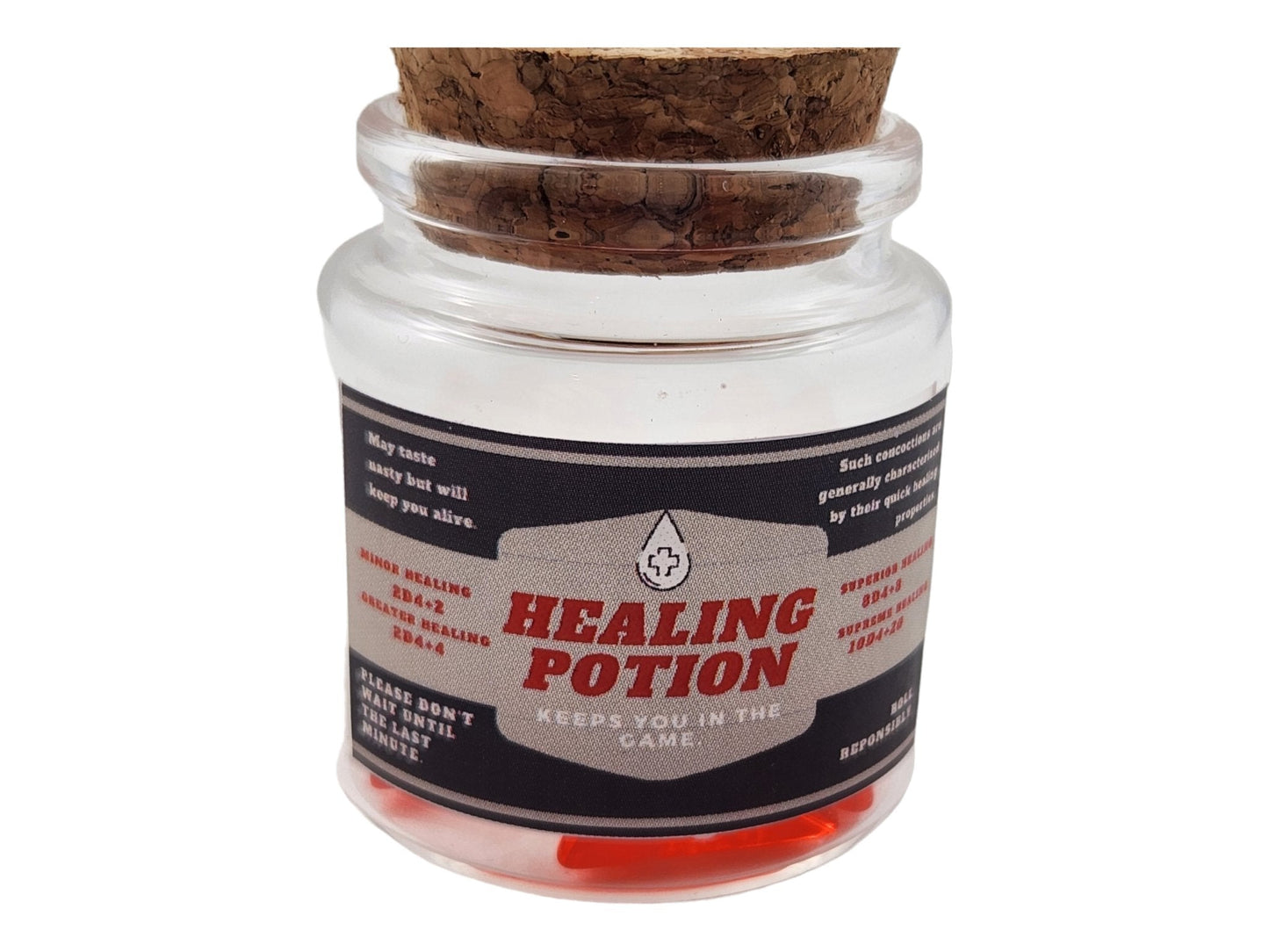 Healing Potion Dice Jar — 5 Red D4s in Glass Bottle