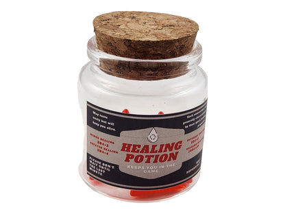 Healing Potion Dice Jar — 5 Red D4s in Glass Bottle
