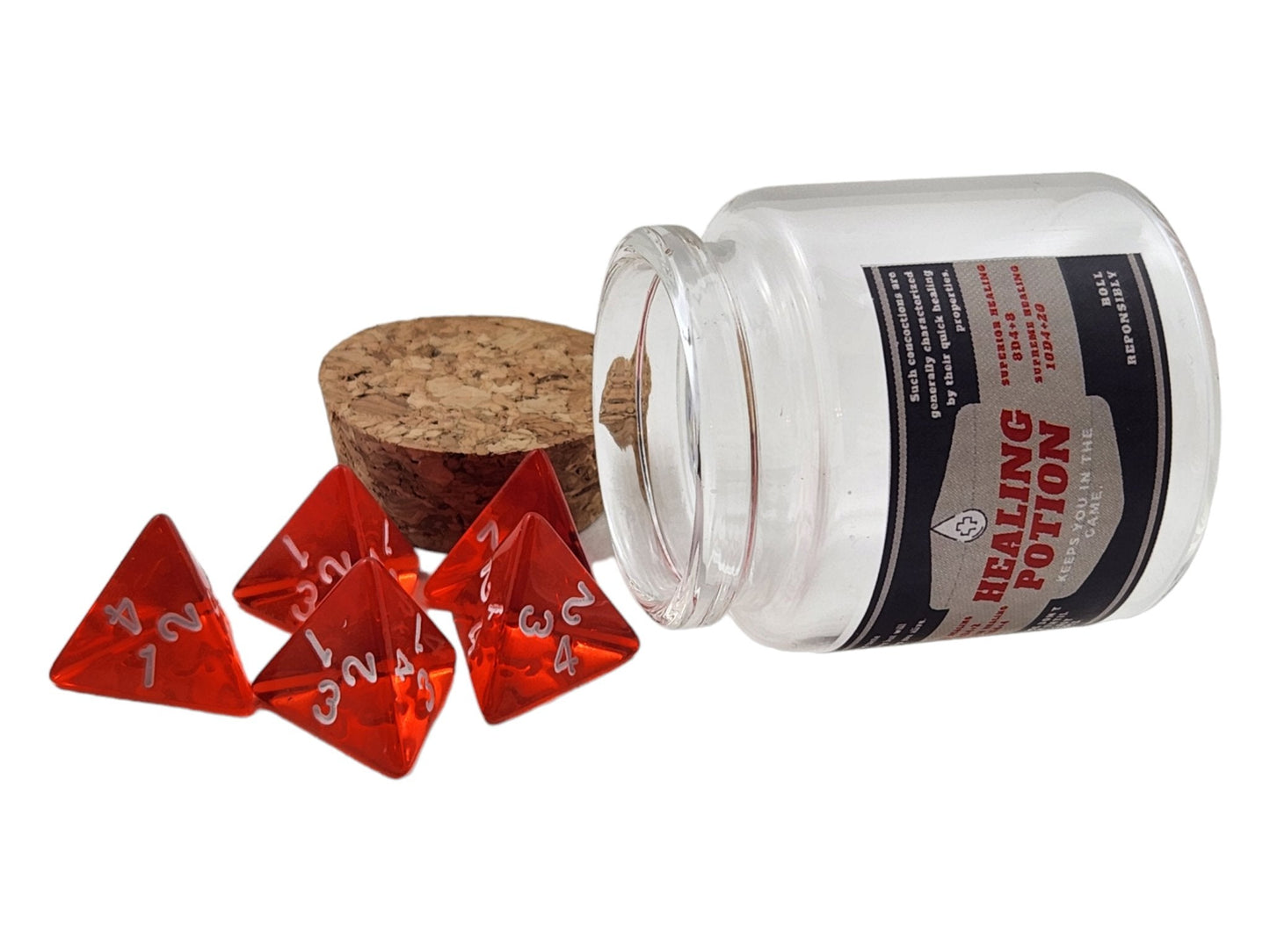Healing Potion Dice Jar — 5 Red D4s in Glass Bottle