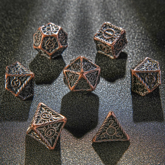 Helios Antique Red Copper Solid Metal DND Dice Set