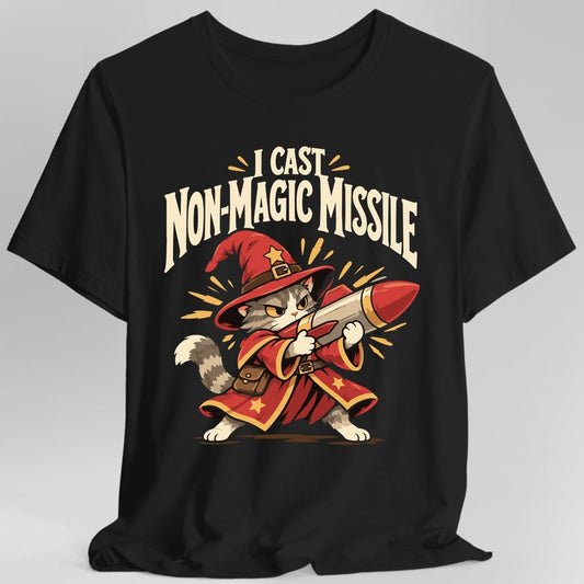 I Cast Non-Magic Missile T-Shirt – Funny Wizard Cat Graphic Tee for D&D