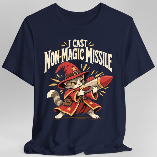 I Cast Non-Magic Missile T-Shirt – Funny Wizard Cat Graphic Tee for D&D
