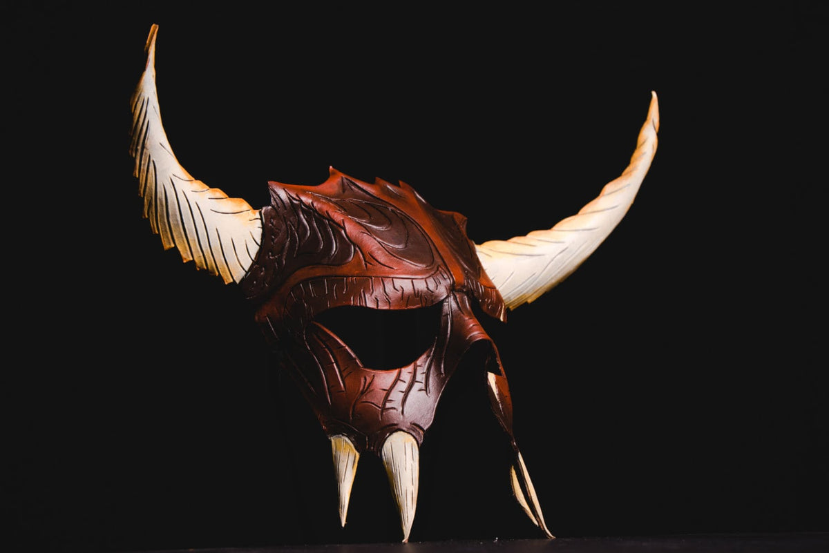 Handmade Genuine Leather Mask with Horns in Natural Colors - The Horned Beast