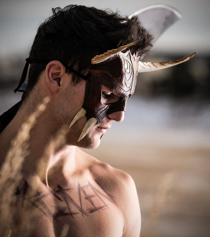 Handmade Genuine Leather Mask with Horns in Natural Colors - The Horned Beast
