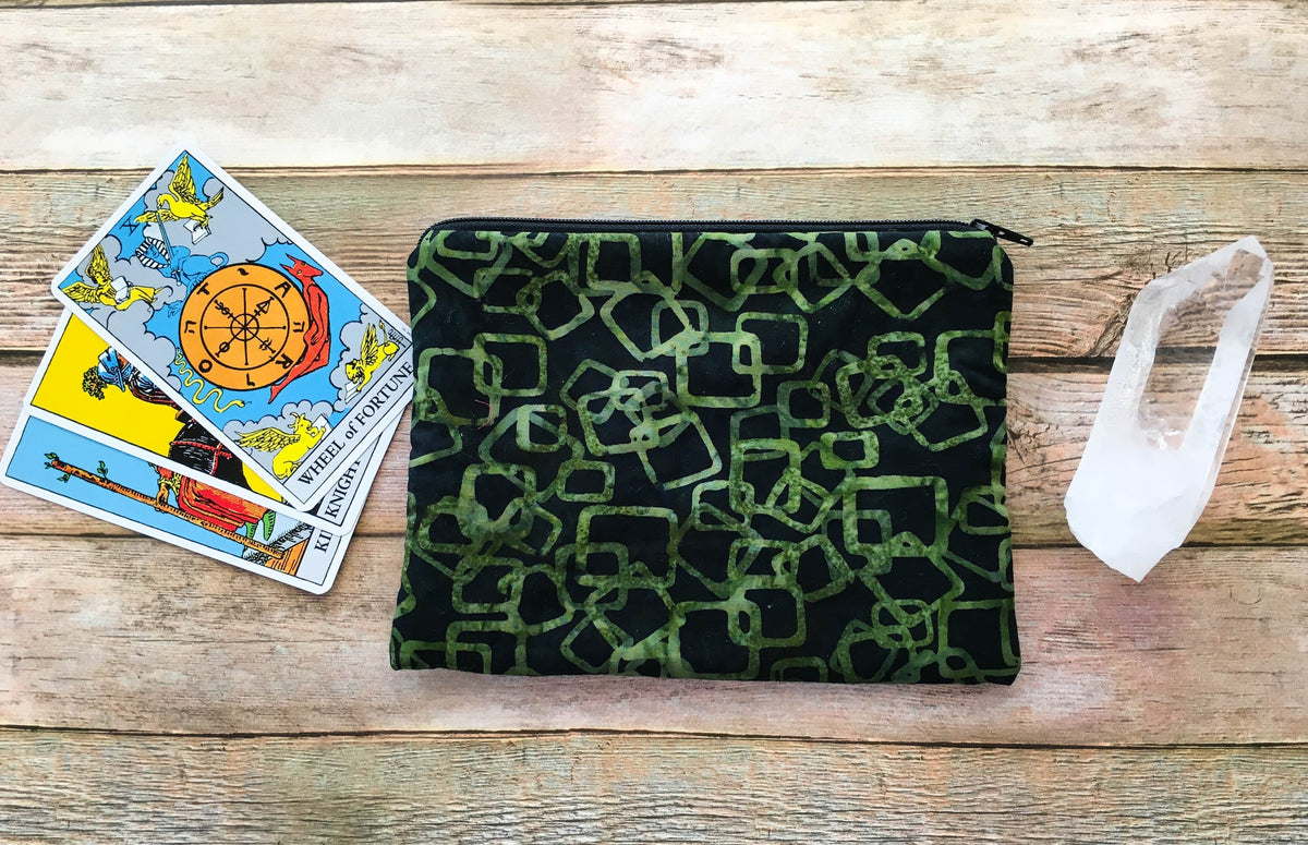 Green Geometric Tarot Card Bag – Handmade Batik Zipper Pouch for Tarot & Oracle Decks