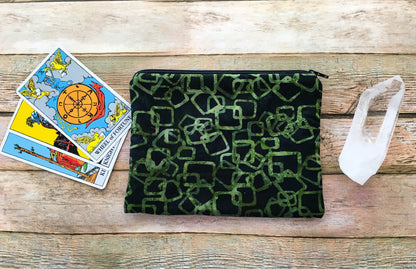Green Geometric Tarot Card Bag – Handmade Batik Zipper Pouch for Tarot & Oracle Decks