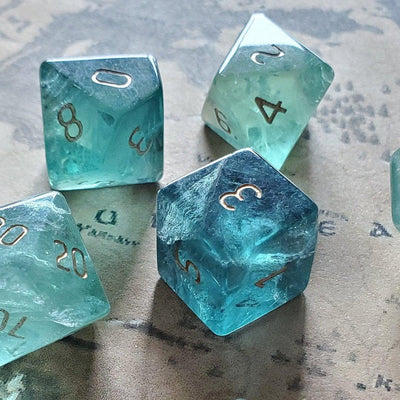 Green Fluorite Gemstone Dice (Chlorophane)  Hand Carved Polyhedral Dice (With Box) Set