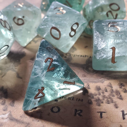 Green Fluorite Gemstone Dice (Chlorophane)  Hand Carved Polyhedral Dice (With Box) Set