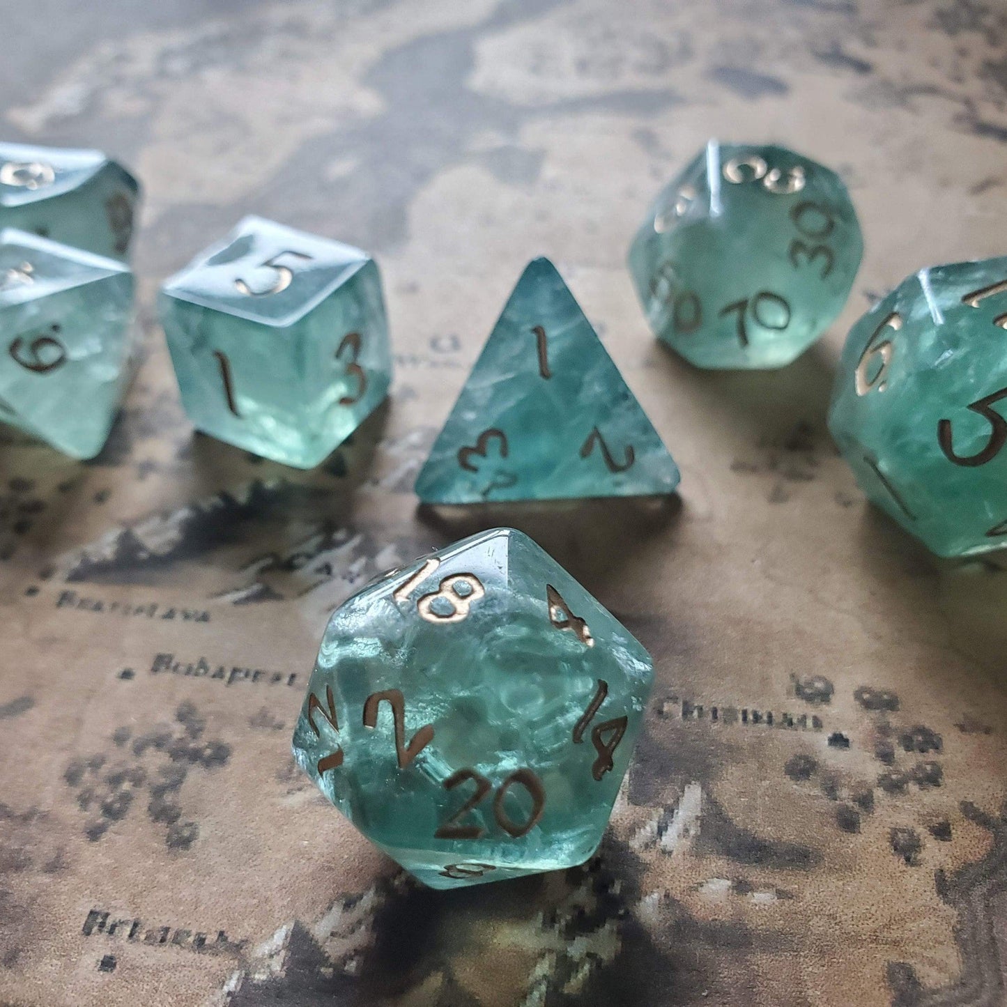 Green Fluorite Gemstone Dice (Chlorophane)  Hand Carved Polyhedral Dice (With Box) Set