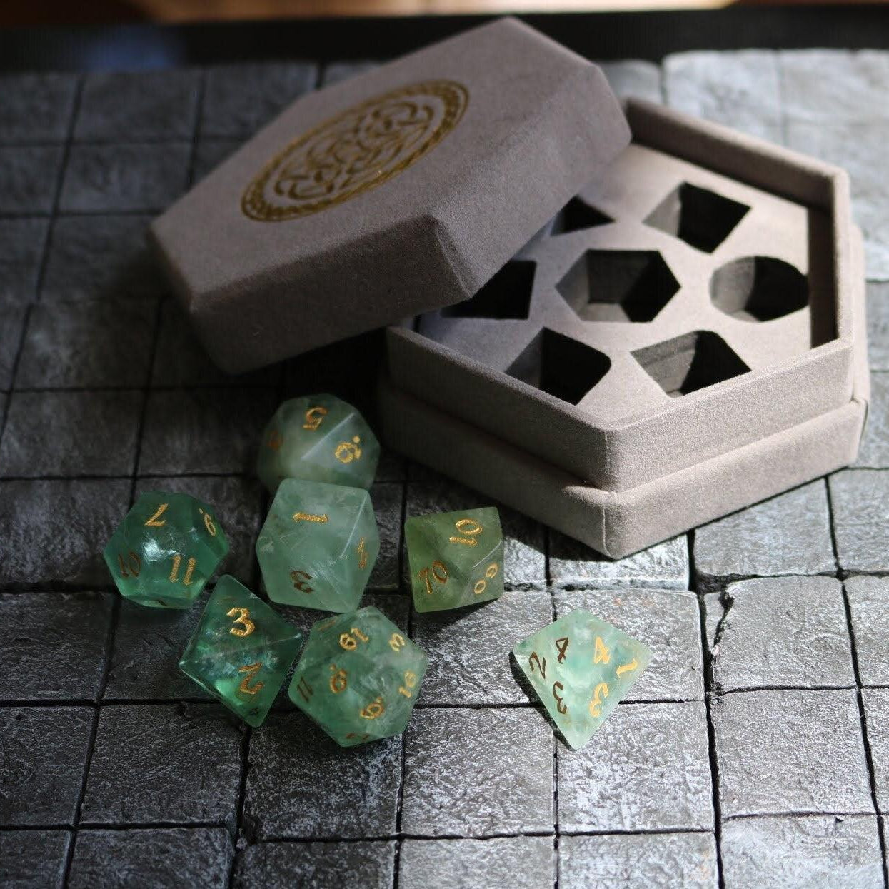 Green Fluorite Gemstone Dice (Chlorophane)  Hand Carved Polyhedral Dice (With Box) Set