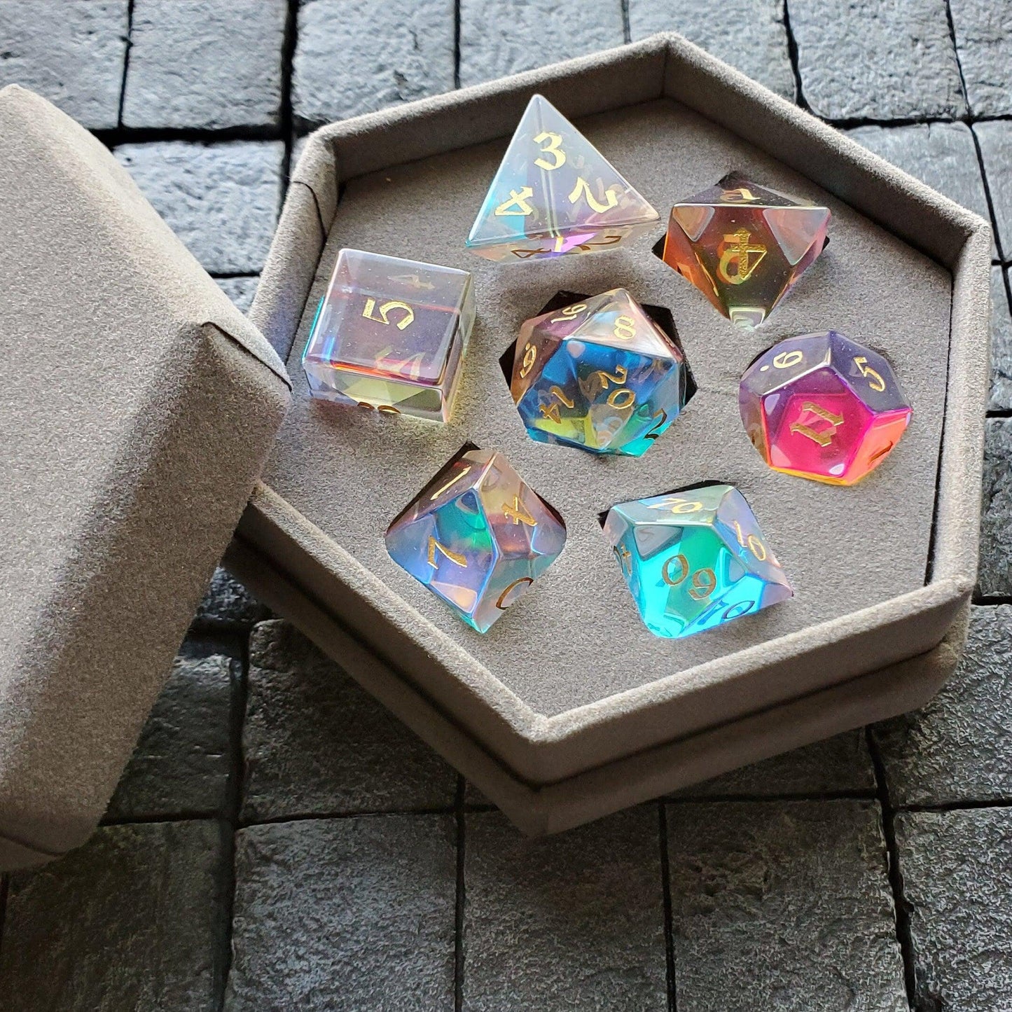 Hand Carved Gemstone Dichroic Glass Polyhedral Dice Set with Box