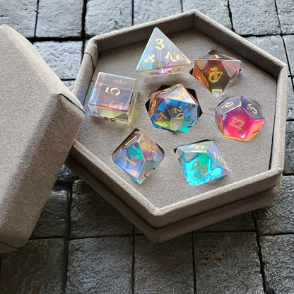 Hand Carved Gemstone Dichroic Glass Polyhedral Dice Set with Box