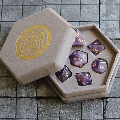 Purple Gemstone Amethyst Dice (With Box) Hand Carved Polyhedral Dice Set