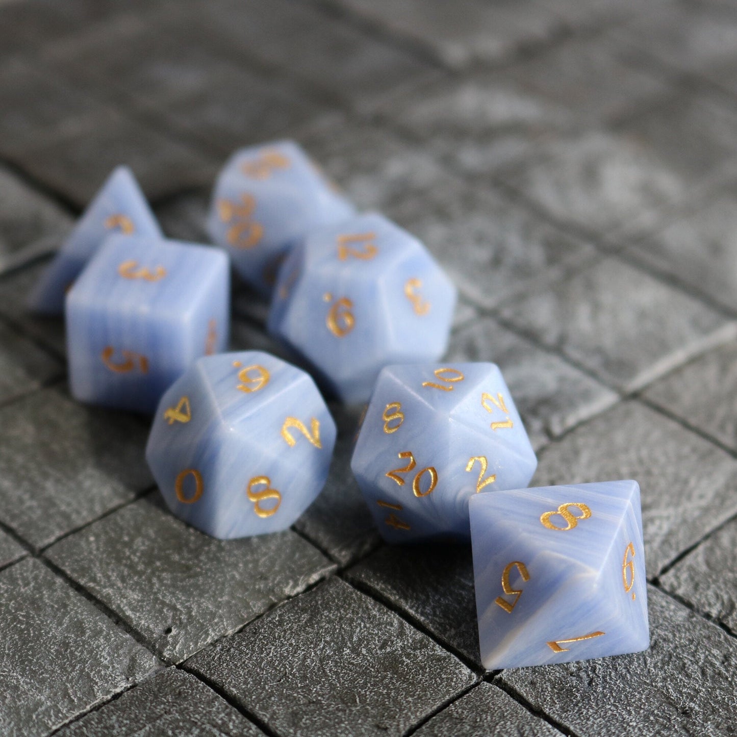 Hand Carved  Gemstone Blue Lace Agate Eye Stone (And Box) Polyhedral Dice Set