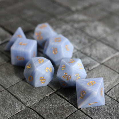 Hand Carved  Gemstone Blue Lace Agate Eye Stone (And Box) Polyhedral Dice Set