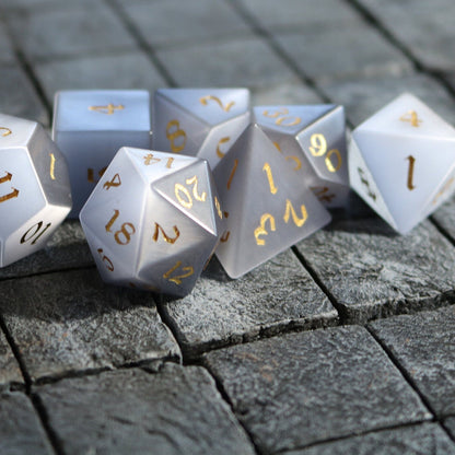 Hand Carved  Gemstone Gray Cats Eye Stone (And Box) Polyhedral Dice Set
