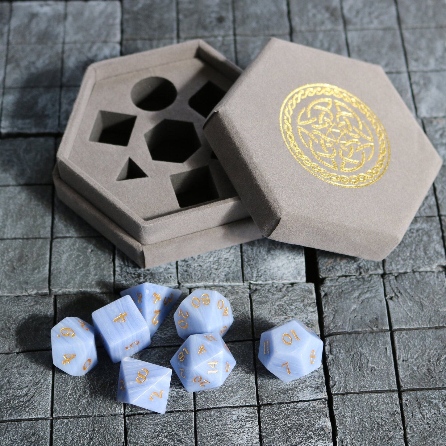 Hand Carved  Gemstone Blue Lace Agate Eye Stone (And Box) Polyhedral Dice Set