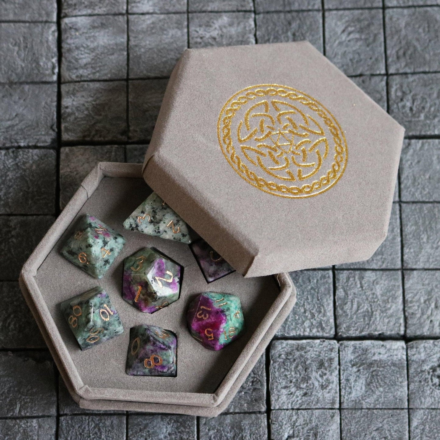 Gemstone Zoisite Dice Set (with box)