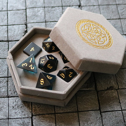 Hand Carved  Green Zircon Glass (And Box) Polyhedral Dice Set