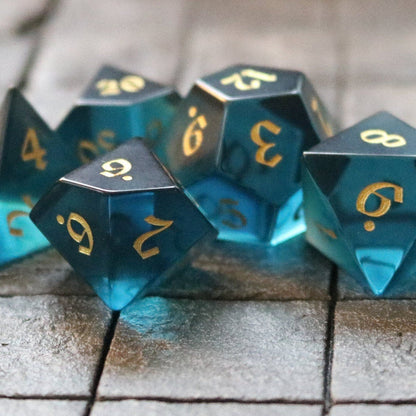 Hand Carved  Green Zircon Glass (And Box) Polyhedral Dice Set