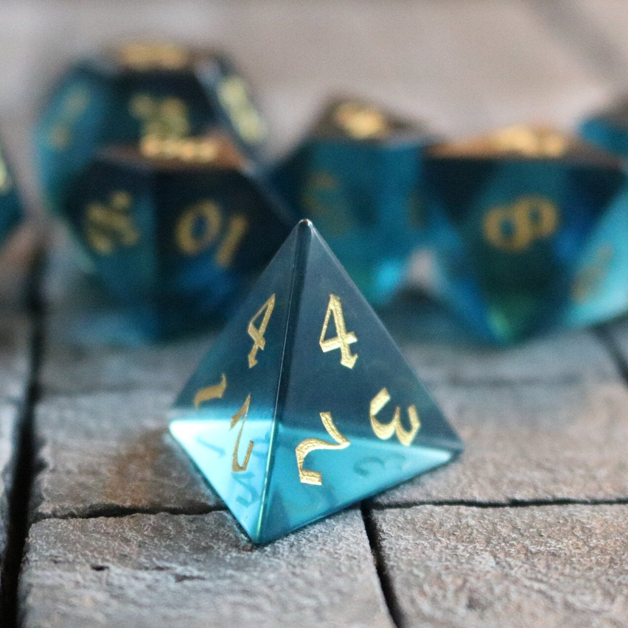 Hand Carved  Green Zircon Glass (And Box) Polyhedral Dice Set