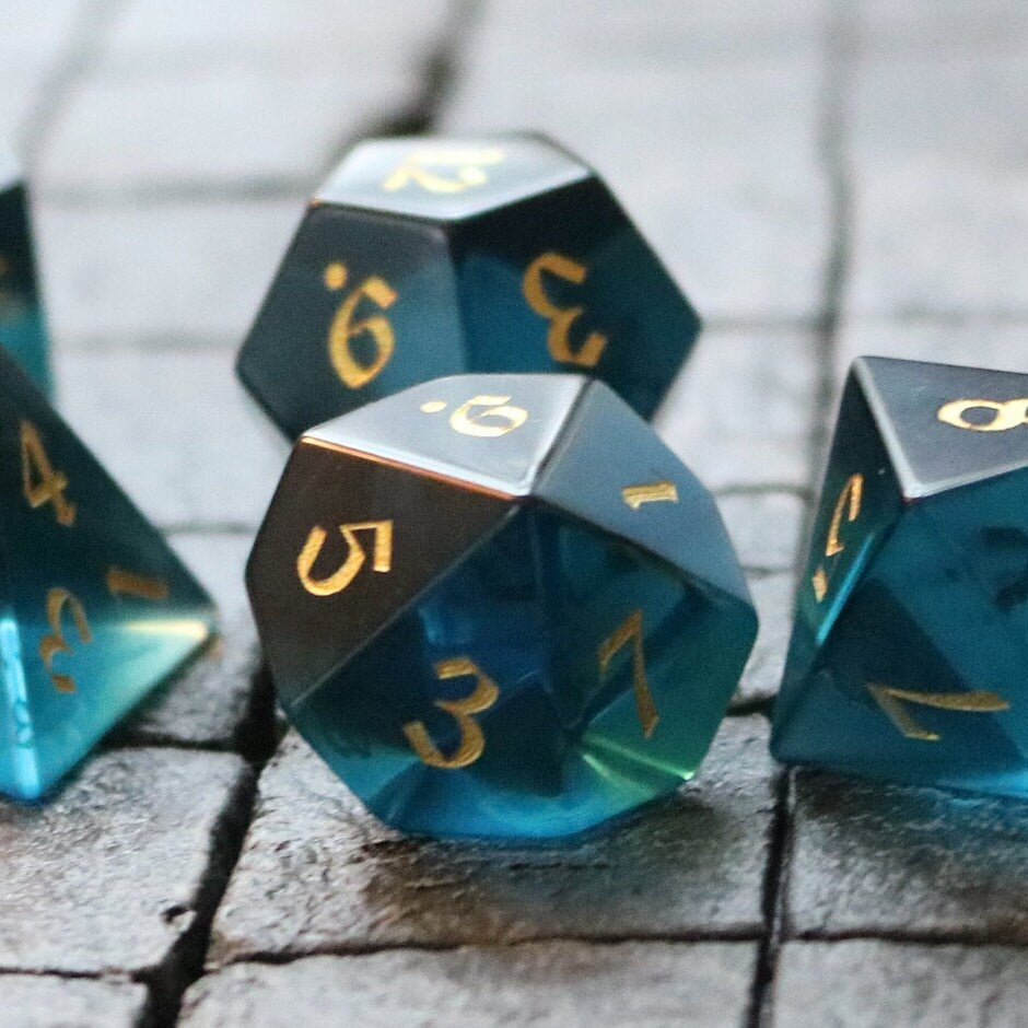 Hand Carved  Green Zircon Glass (And Box) Polyhedral Dice Set