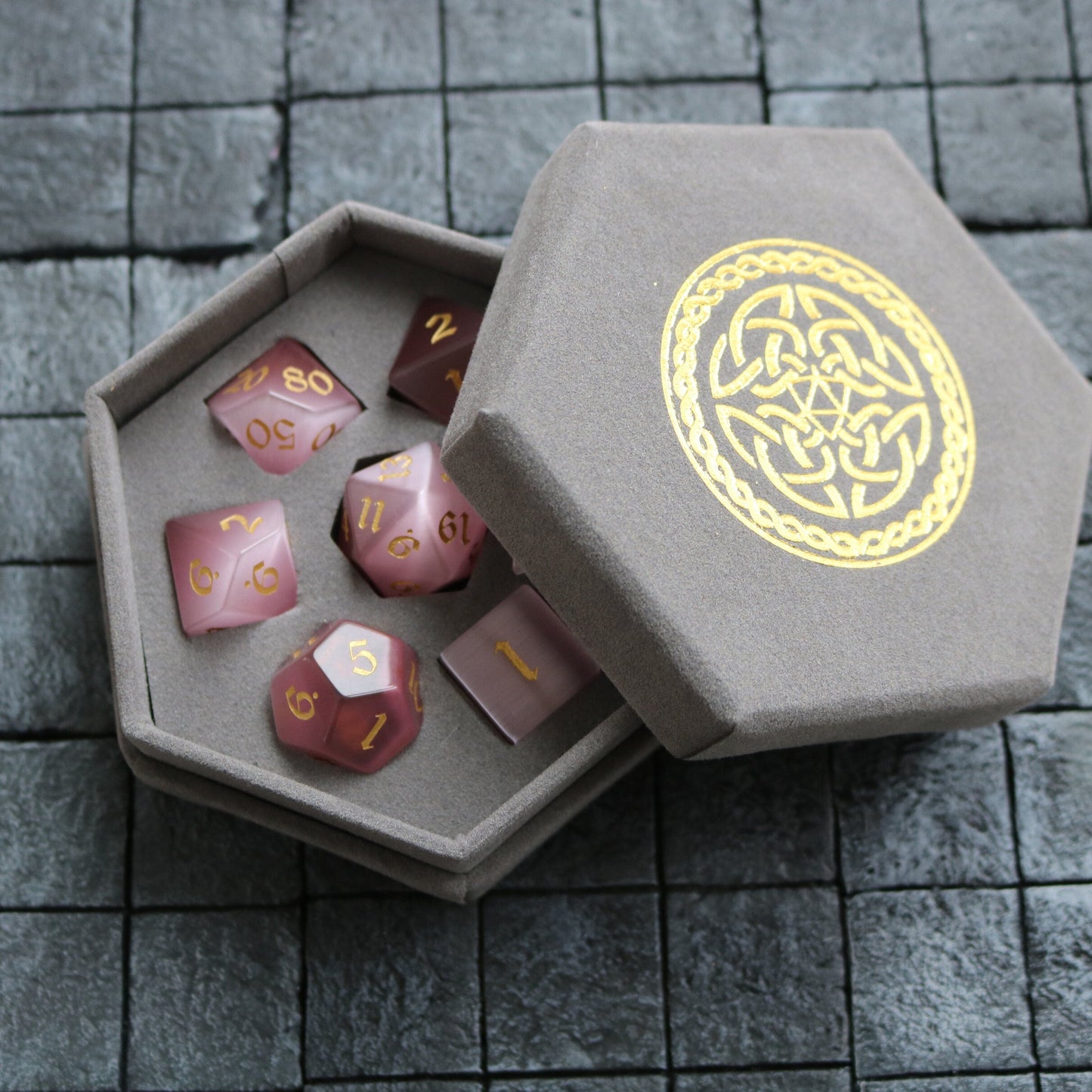 Hand Carved  Gemstone Pink Watermelon Cats Eye Stone (And Box) Polyhedral Dice