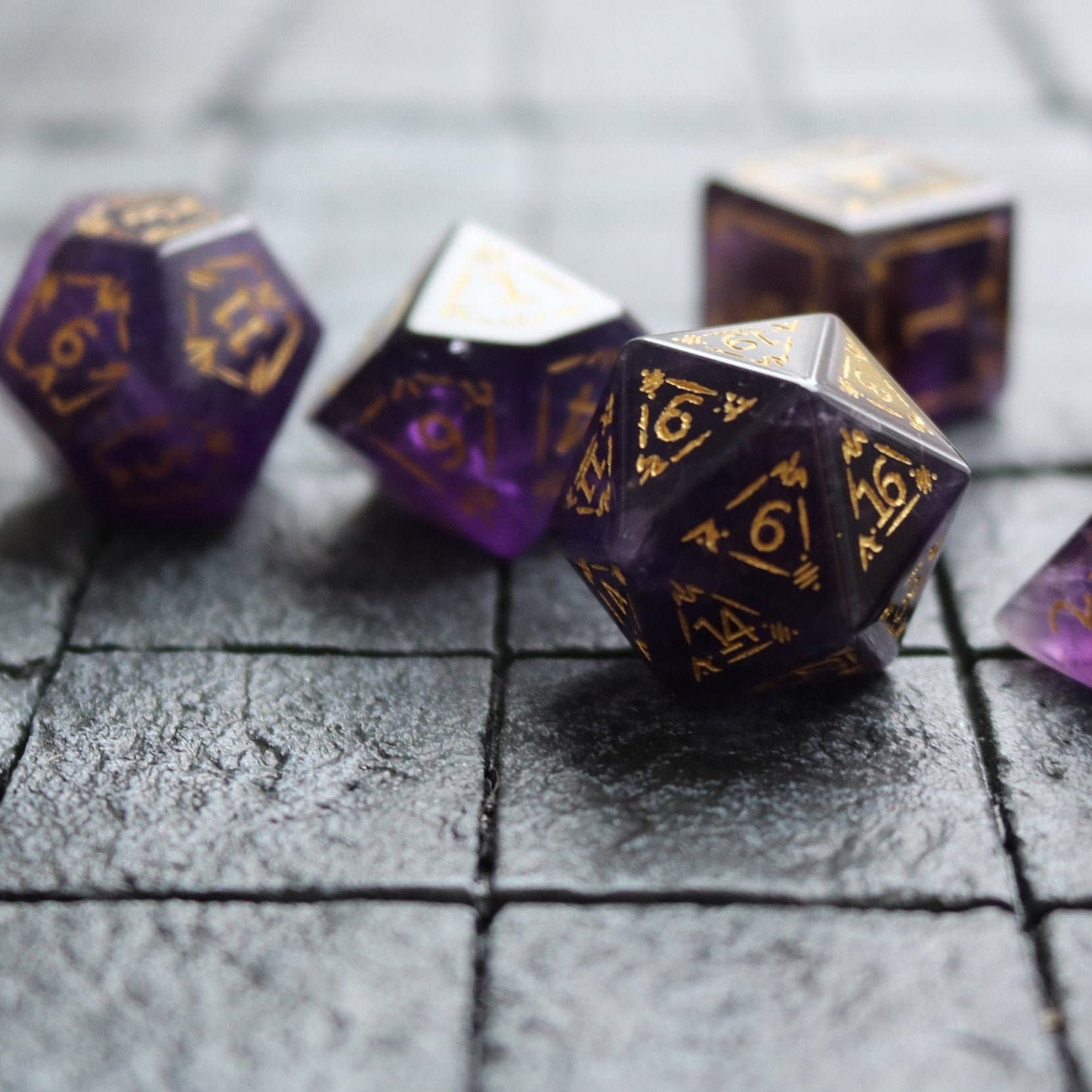 Dragon Shield Purple Gemstone Amethyst Dice (With Box) Hand Carved Polyhedral Dice Set