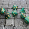 Hand Carved Gemstone Dark Green Cats Eye Stone (And Box) Polyhedral Dice Set