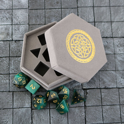Hand Carved Gemstone Dark Green Cats Eye Stone (And Box) Polyhedral Dice Set