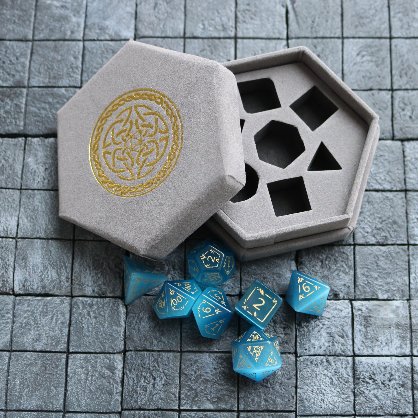 Dragon Shield Gemstone Blue Cats Eye Stone (And Box) Polyhedral Dice Set