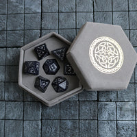 Set Of  Dragon Shield Gemstone Blue Sandstone Silver Font (And Box) Polyhedral Dice Dice Set