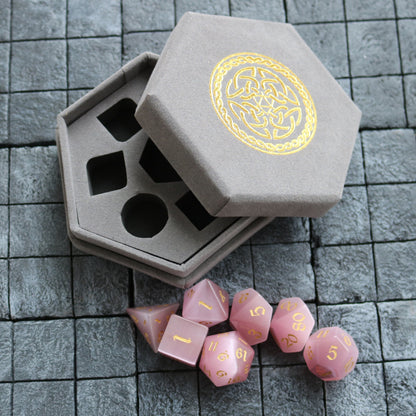 Hand Carved  Gemstone Pink Watermelon Cats Eye Stone (And Box) Polyhedral Dice