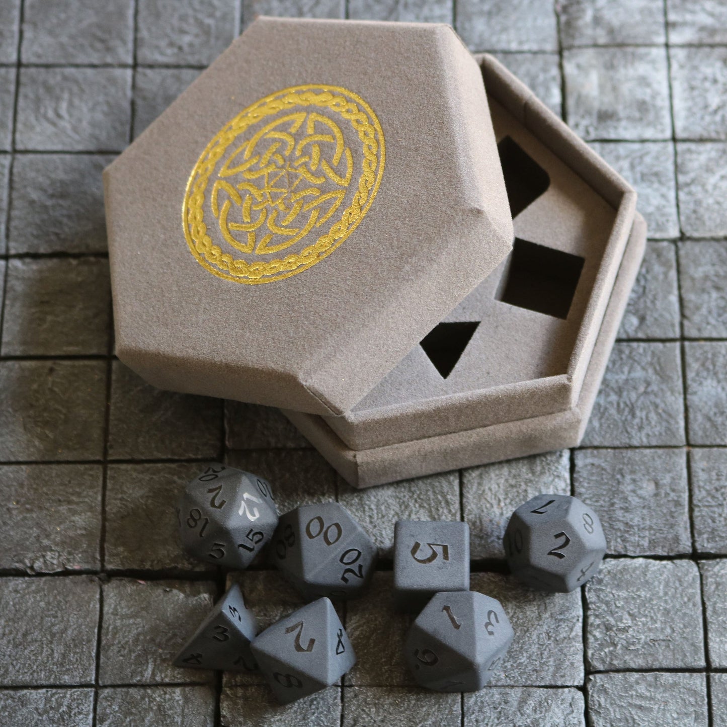 Gemstone Black Night Raised Obsidian Hand Carved Polyhedral Dice (And Box) DND Set